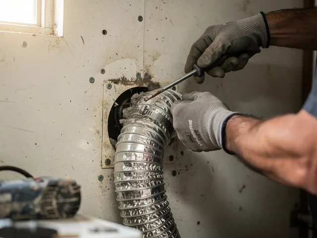 East Lyme Dryer Vent Cleaning technician performing precise dryer vent hose installation in East Lyme