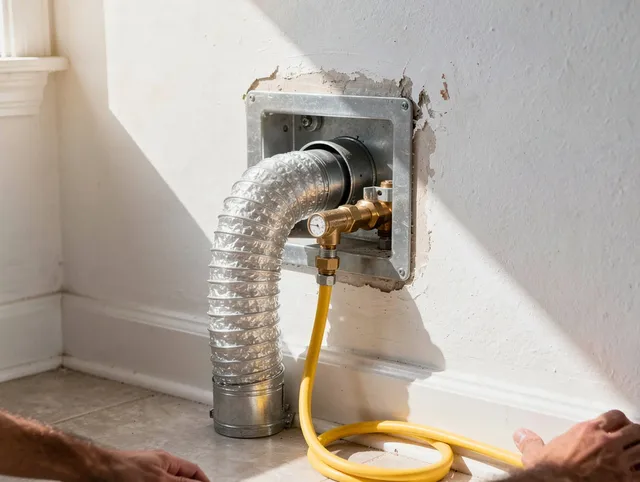 East Lyme Dryer Vent Cleaning certified technician performing specialized gas dryer vent cleaning in East Lyme